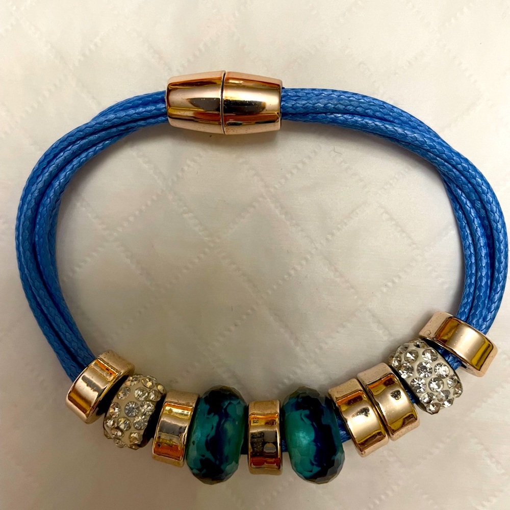 💙💙 Magnetic Blue Corded bracelet with blue, silver and clear stoned beads.